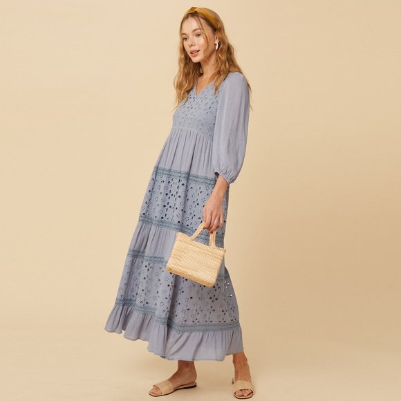 Listicle Misty Blue Maxi Dress NWT • Rayon Long Sleeve Boho Textured Embroidered - Picture 4 of 13